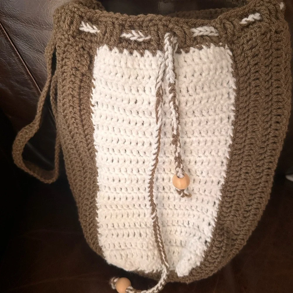 Handcrafted bohemian style hobo hand knit crochet bucket handbag tote purse